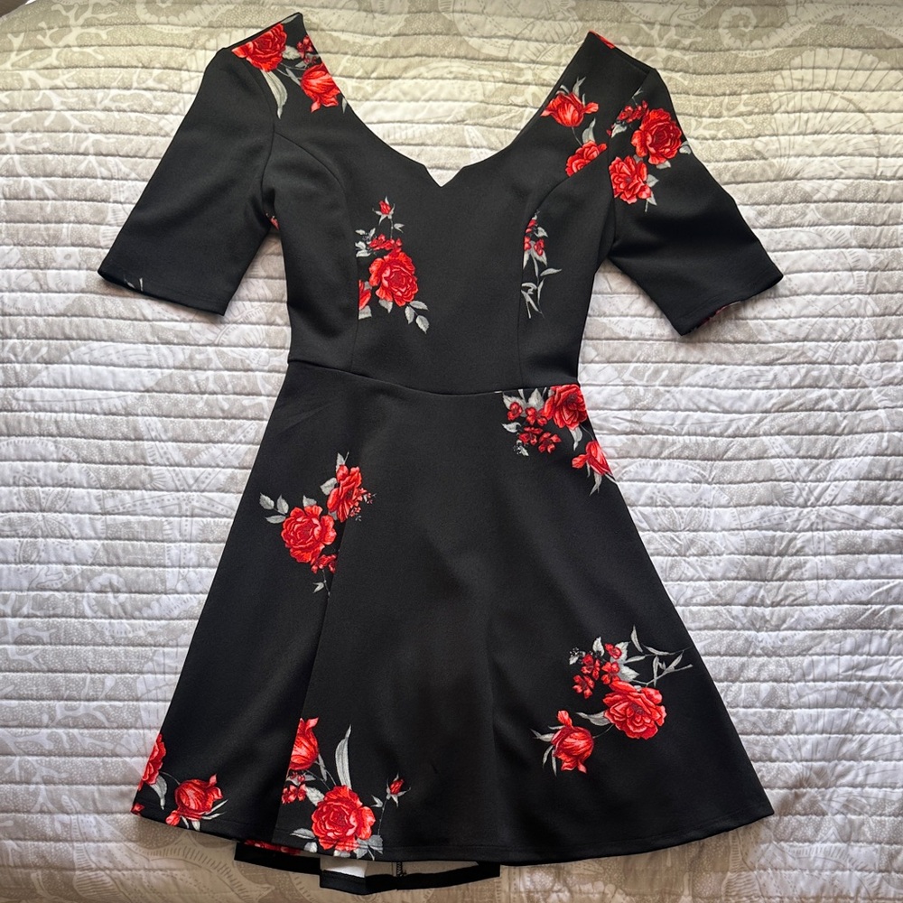 Crystal Doll Black Dress with Red Floral Accents
